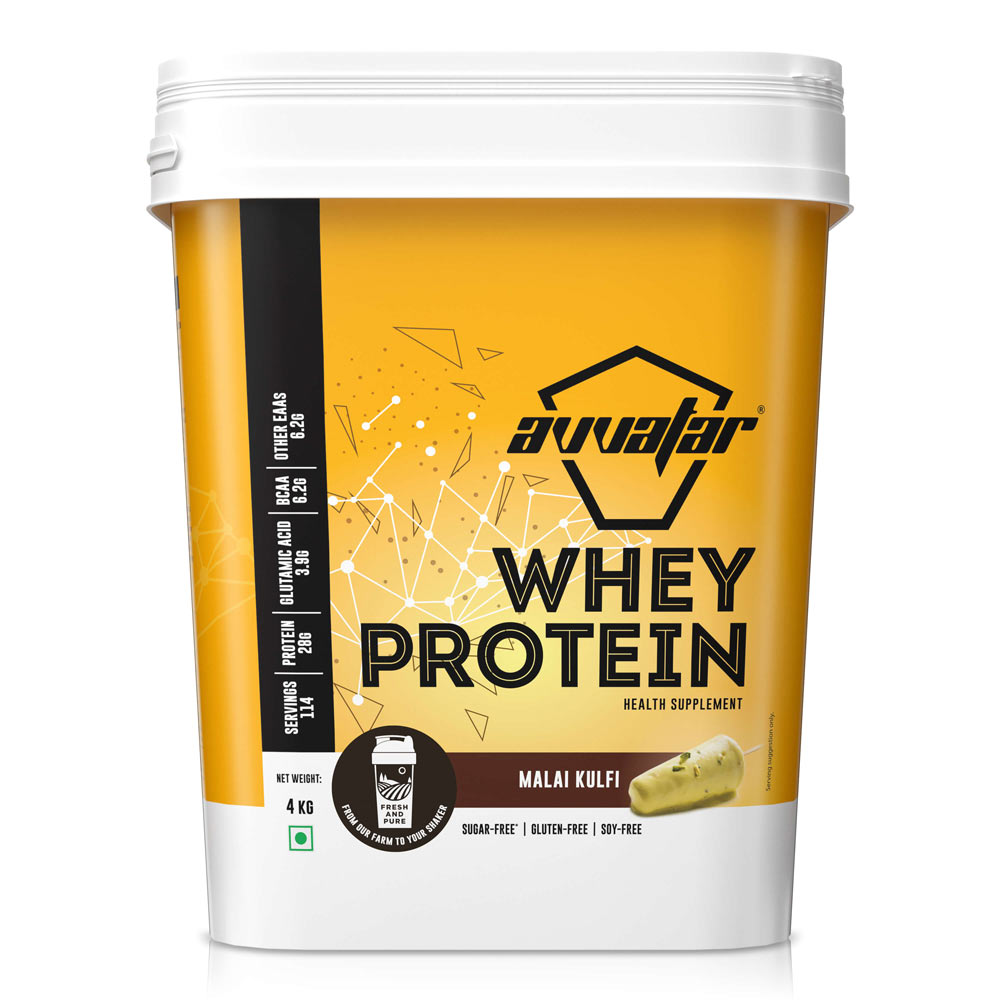 Avvatar's 4 kg whey protein in Malai Kulfi flavour, is made from 100% fresh cow's milk, with zero sugar. Enjoy the benefits of whey protein powder.