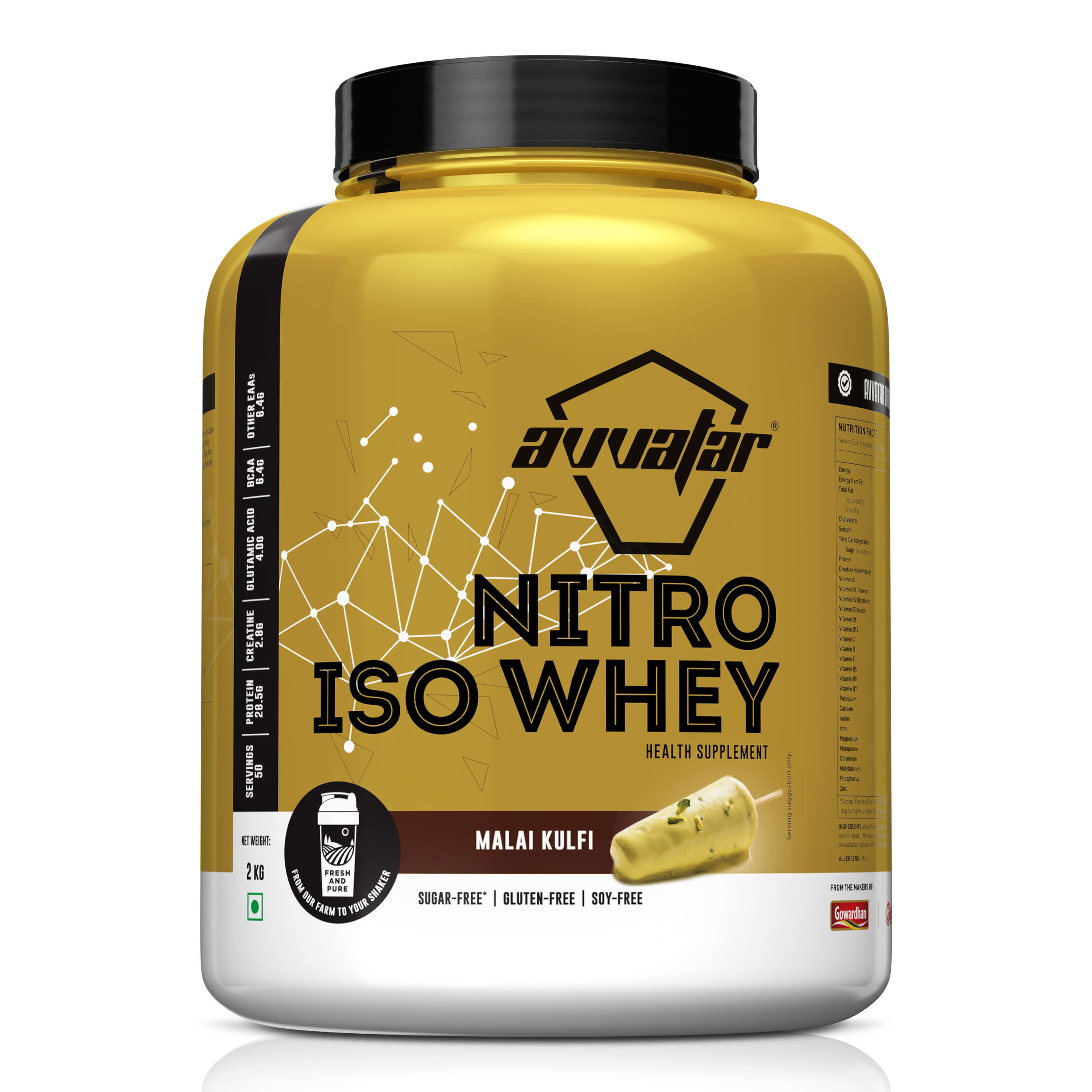 Boost your workouts with Avvatar's 2 kg Nitro Iso Whey Protein in the delectable Malai Kulfi flavor, available online at the best price. Buy now!