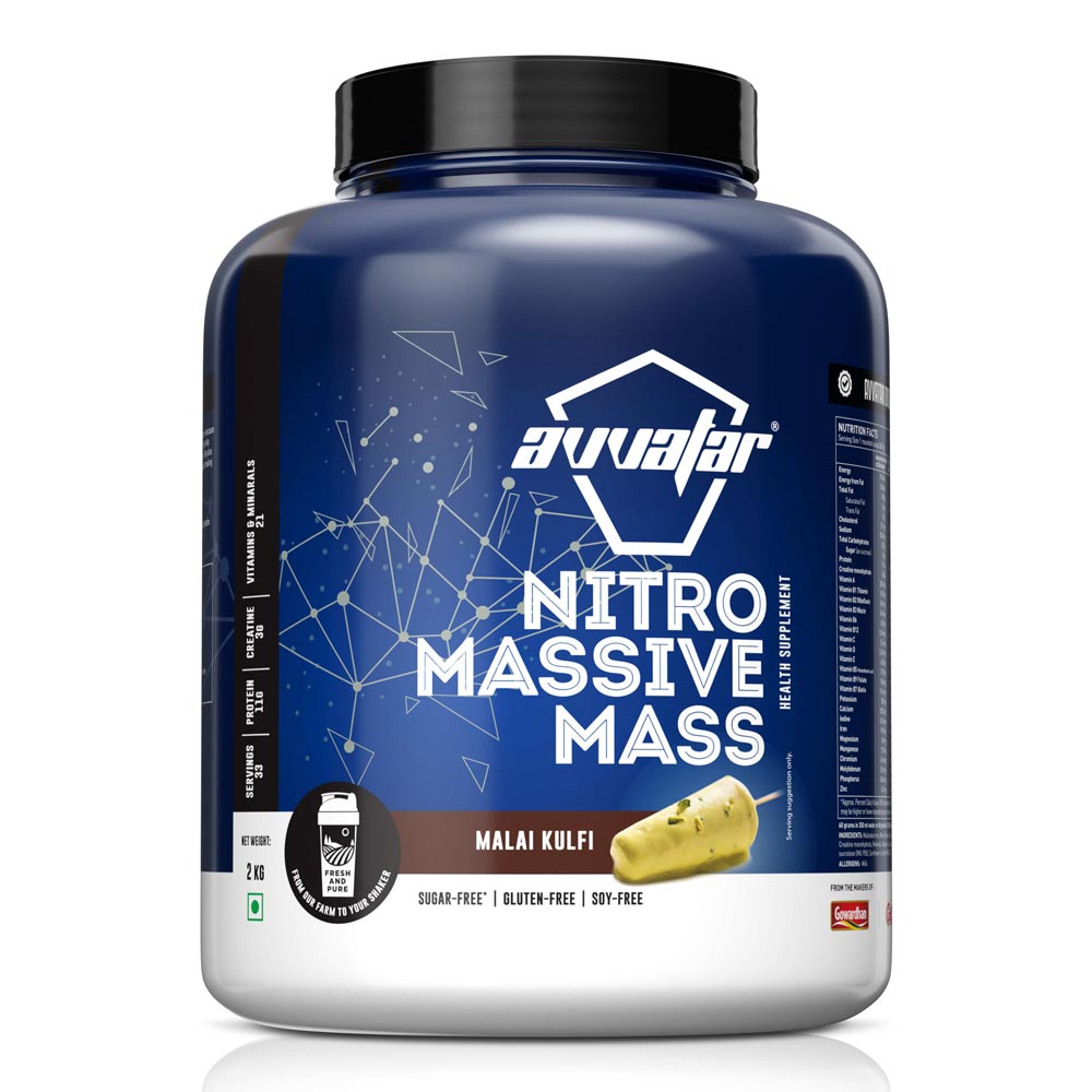 Try our best-selling Malai Kulfi flavoured Nitro Massive Mass Gainer powder, available online in a convenient 2 kg size. Achieve your fitness goals today!