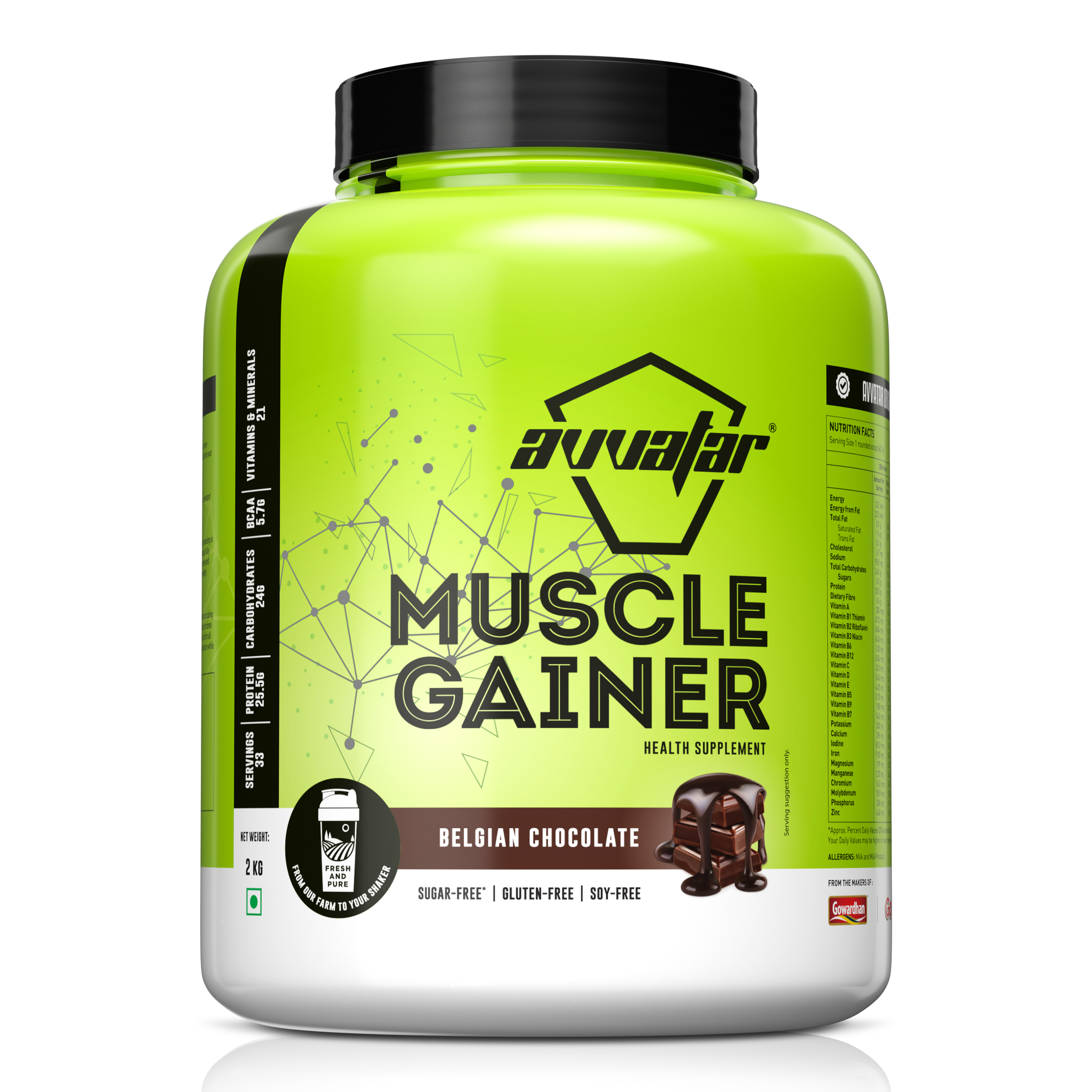 Get stronger & fit with Avvatar's Belgian Chocolate Muscle Gainer. Packed with essential nutrients, this 2 kg gym protein powder will transform your workouts.