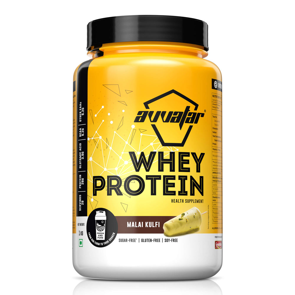Buy 1 kg Malai Kulfi flavour whey protein made from 100% fresh cow milk for muscle gain & strength. Premium whey protein concentrate & isolate blend.